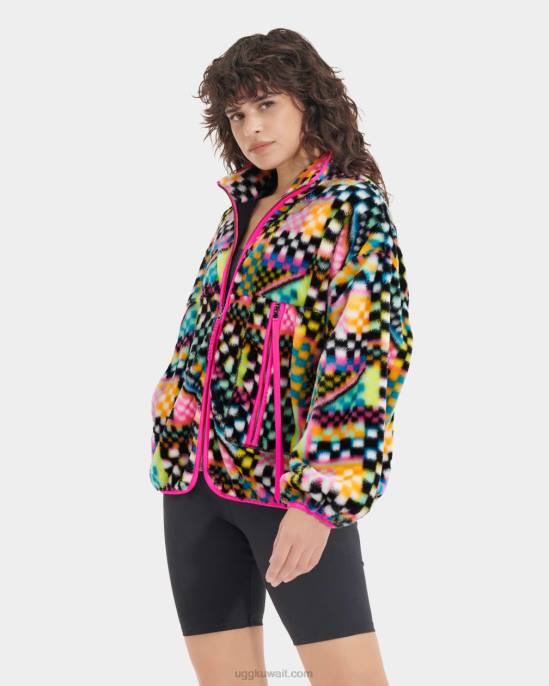 جاكيت بطبعة مربعات من الفرو الصناعي شيكات متعددة سوداء نحيف UGG 08HB182