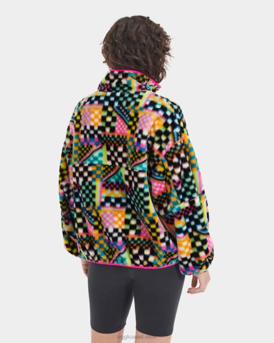 جاكيت بطبعة مربعات من الفرو الصناعي شيكات متعددة سوداء نحيف UGG 08HB182