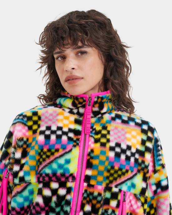 جاكيت بطبعة مربعات من الفرو الصناعي شيكات متعددة سوداء نحيف UGG 08HB182