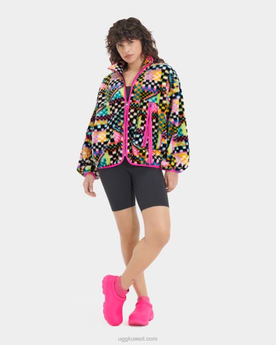 جاكيت بطبعة مربعات من الفرو الصناعي شيكات متعددة سوداء نحيف UGG 08HB182