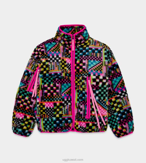 جاكيت بطبعة مربعات من الفرو الصناعي شيكات متعددة سوداء نحيف UGG 08HB182